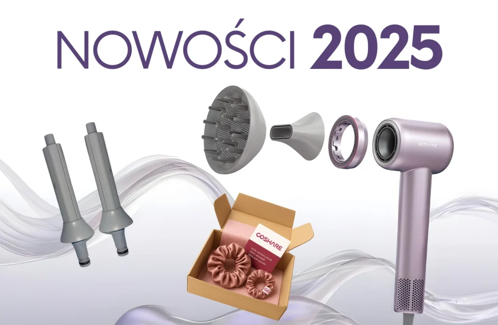 Bestsellerowy model suszarki w fioletowym kolorze, końcówki do loków oraz jedwabne gumki do włosów