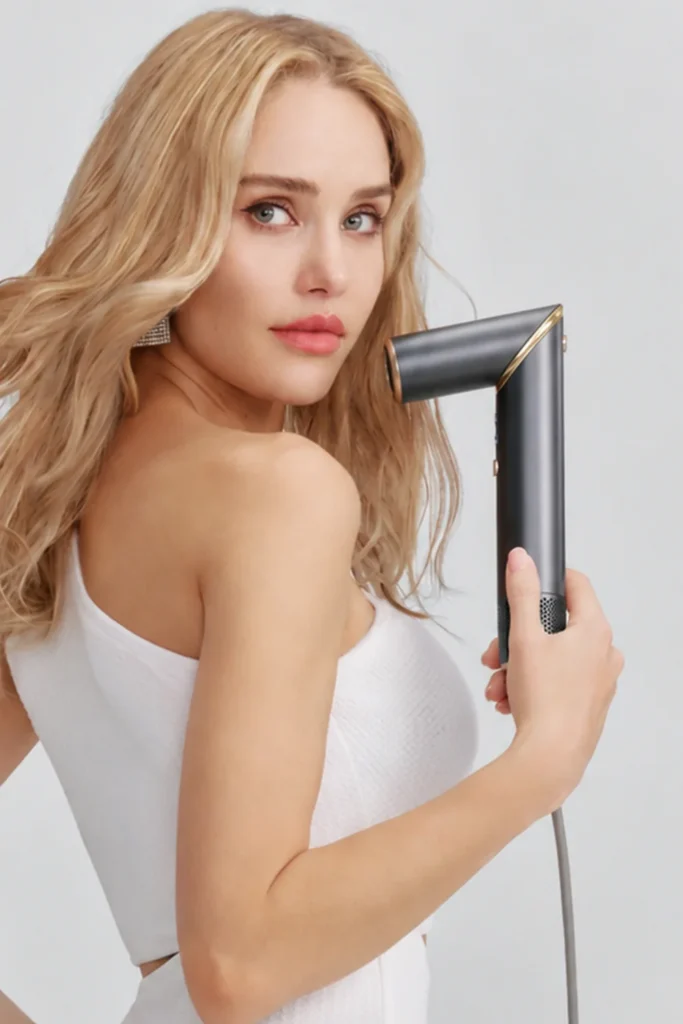 Kobieta z długimi blond włosami trzyma suszarko-lokówkę COSHARE InStyle 4w1 Grafitową z koncentratorem