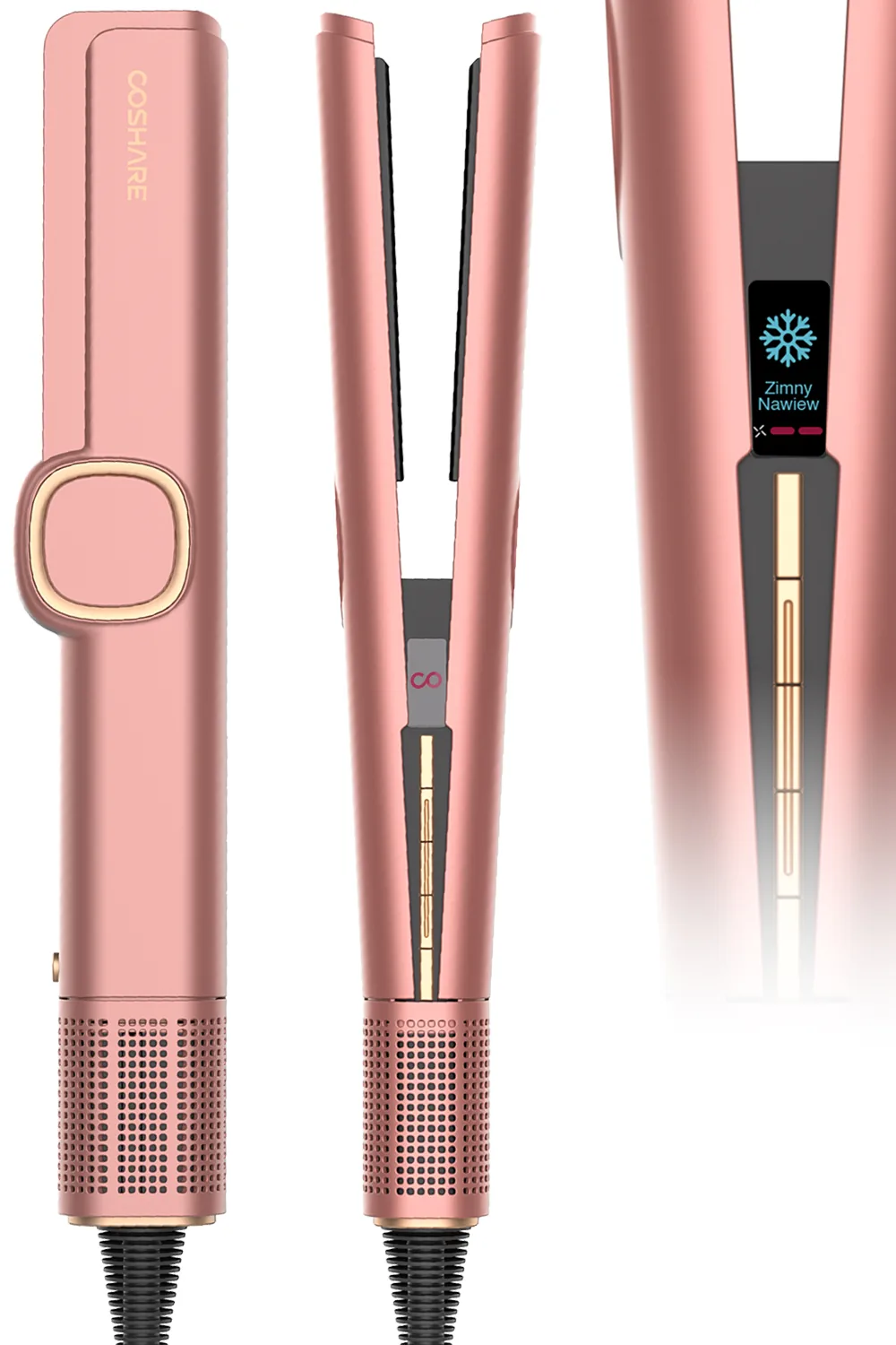 Prostownica powietrza COSHARE SuperAero Rose Gold – widok z boku, z przodu i zbliżenie na wyświetlacz z trybem Zimny nawiew