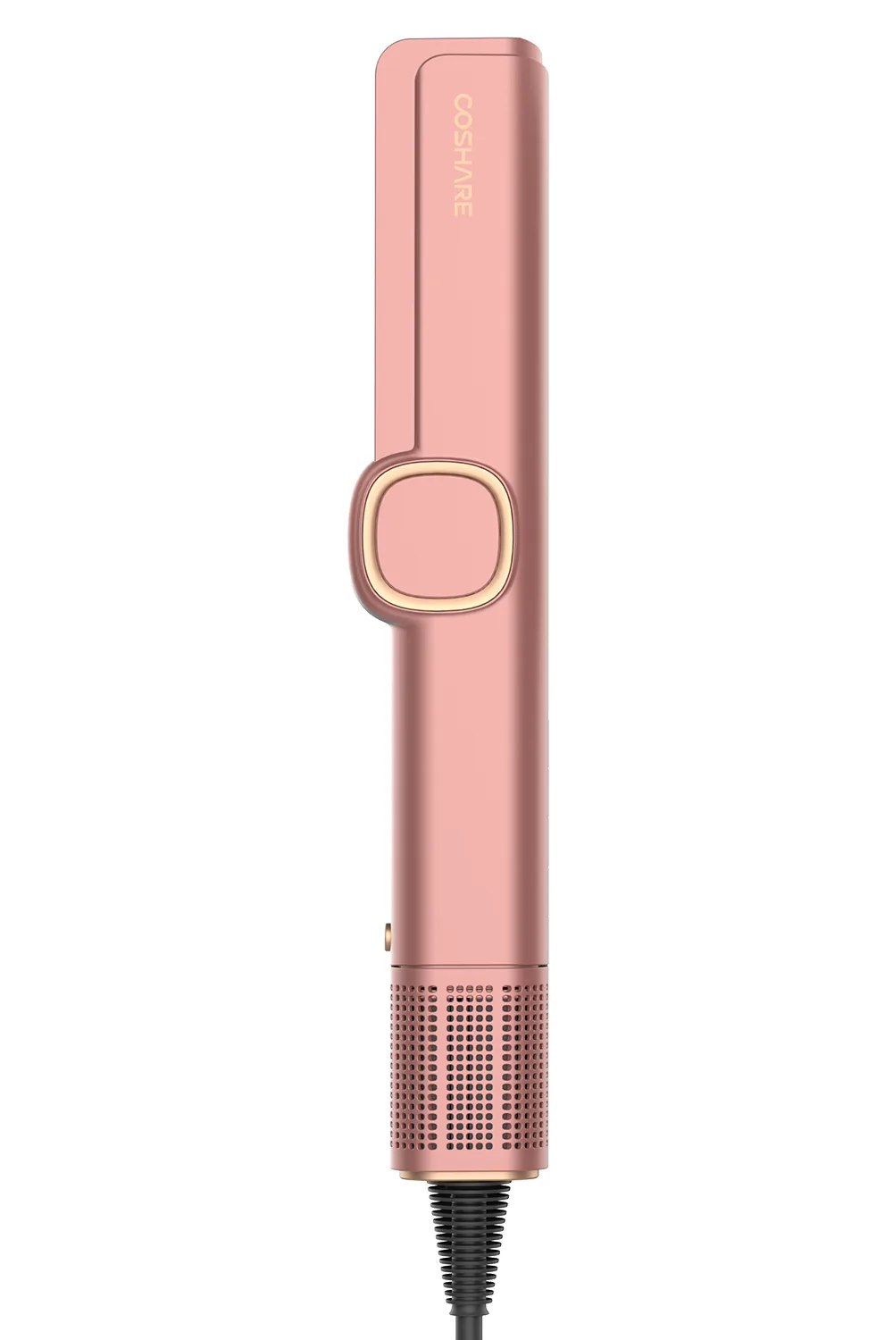 Prostownica powietrza COSHARE SuperAero Rose Gold – widok z boku z przyciskiem i kratką nawiewu