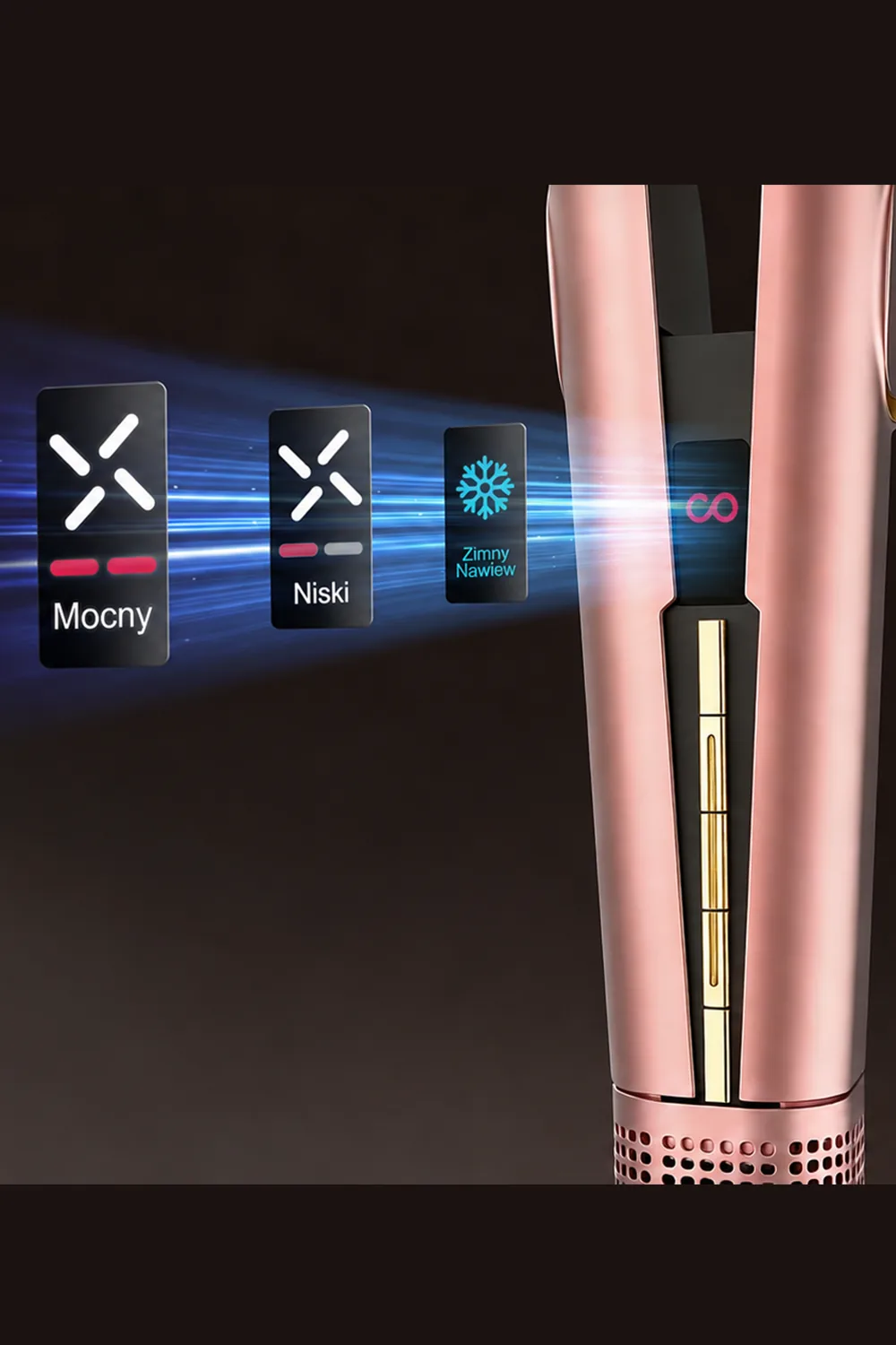 Prostownica powietrza COSHARE SuperAero Rose Gold – wyświetlacz z trybami nawiewu Mocny, Niski i Zimny nawiew