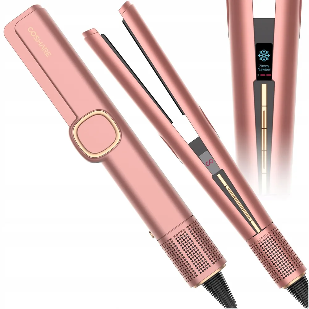 Prostownica powietrza COSHARE SuperAero Rose Gold – trzy widoki urządzenia na białym tle
