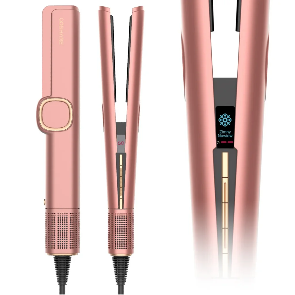 Prostownica powietrza COSHARE SuperAero Rose Gold – widok z przodu, z boku i zbliżenie na wyświetlacz LCD