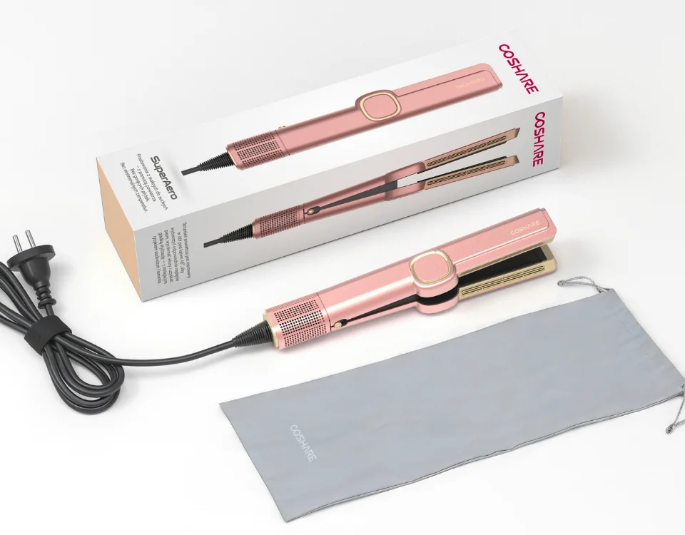 Zawartość zestawu Prostownica powietrza COSHARE SuperAero Rose Gold: pudełko, aeroprostownica, przewód i materiałowe etui