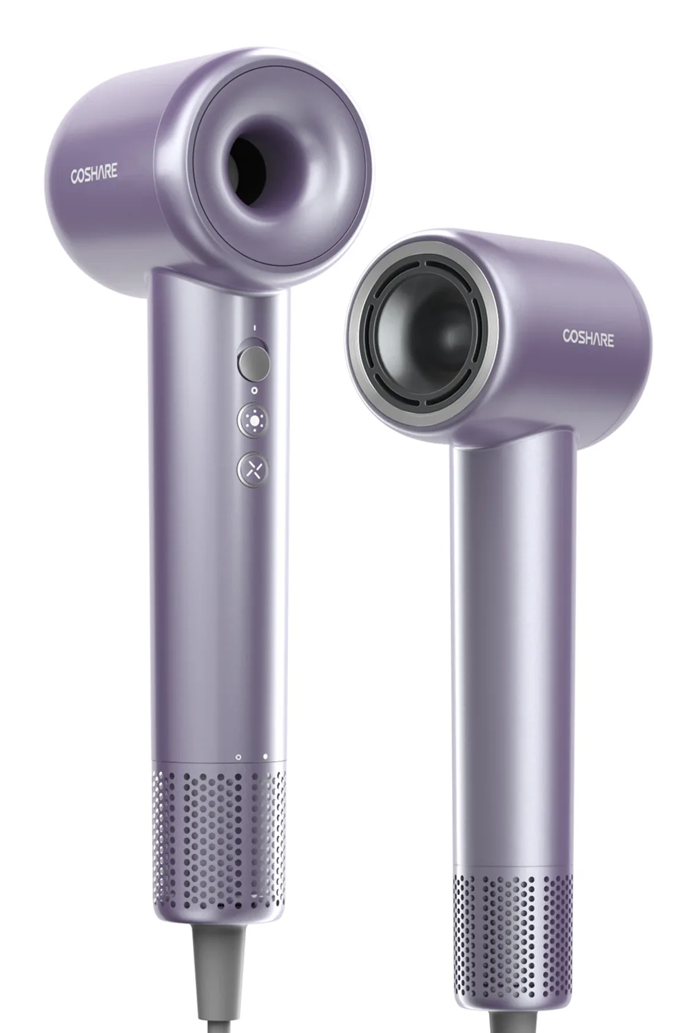 Suszarka do włosów COSHARE SuperFlow1 Standard Fioletowy – dwa ujęcia: z przodu i z boku