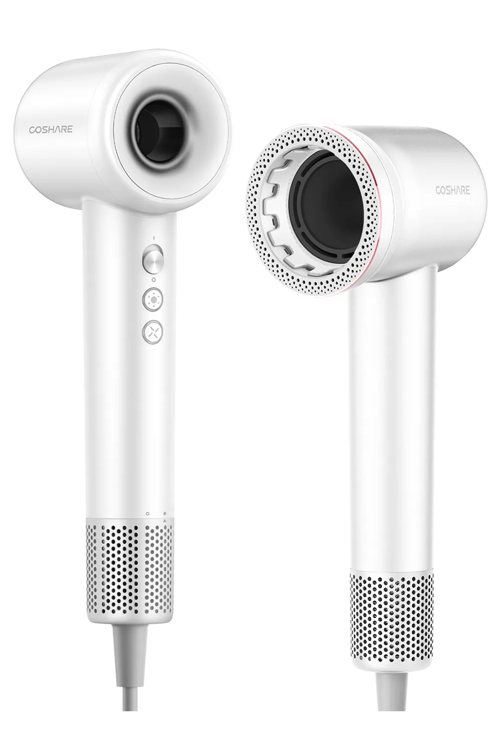Suszarka do włosów COSHARE SuperFlow1 PRO Biały – dwa ujęcia: z przodu i z boku