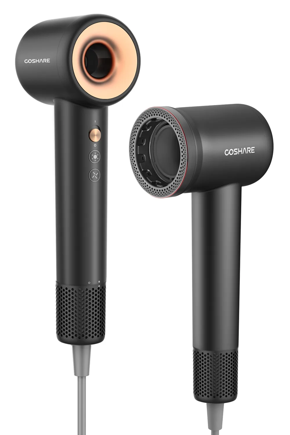Suszarka do włosów COSHARE SuperFlow1 PRO Czarny – dwa ujęcia: z przodu i z boku