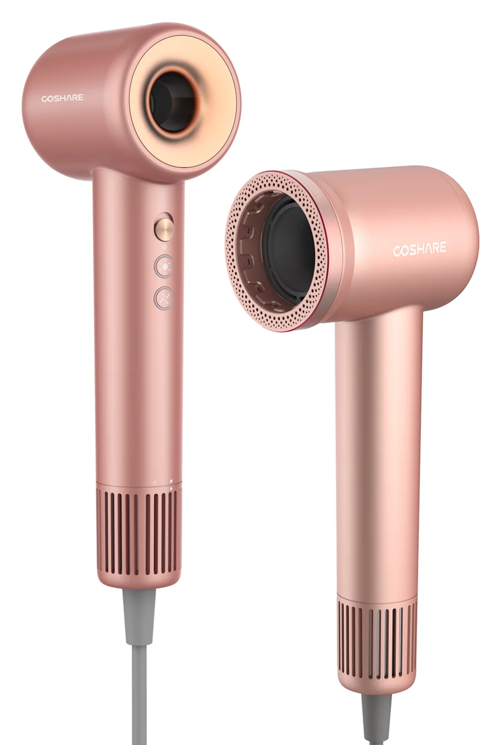 Suszarka do włosów COSHARE SuperFlow1 PRO Rose Gold – dwa ujęcia: z przodu i z boku