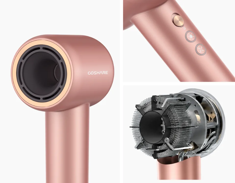 Suszarka do włosów COSHARE SuperFlow1 PRO Rose Gold – zbliżenia na dyszę, przyciski i wnętrze silnika