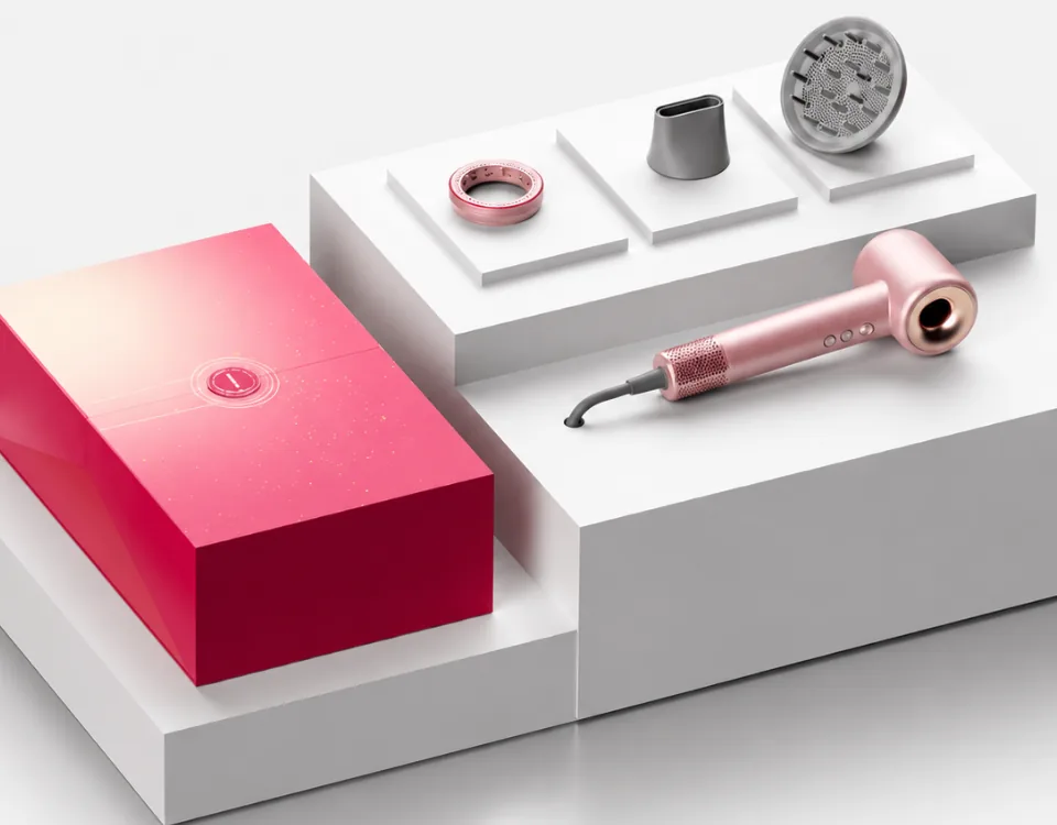 Zawartość zestawu Suszarka do włosów COSHARE SuperFlow1 PRO Rose Gold: pudełko, suszarka, dyfuzor, koncentrator i pierścień EssenceRing