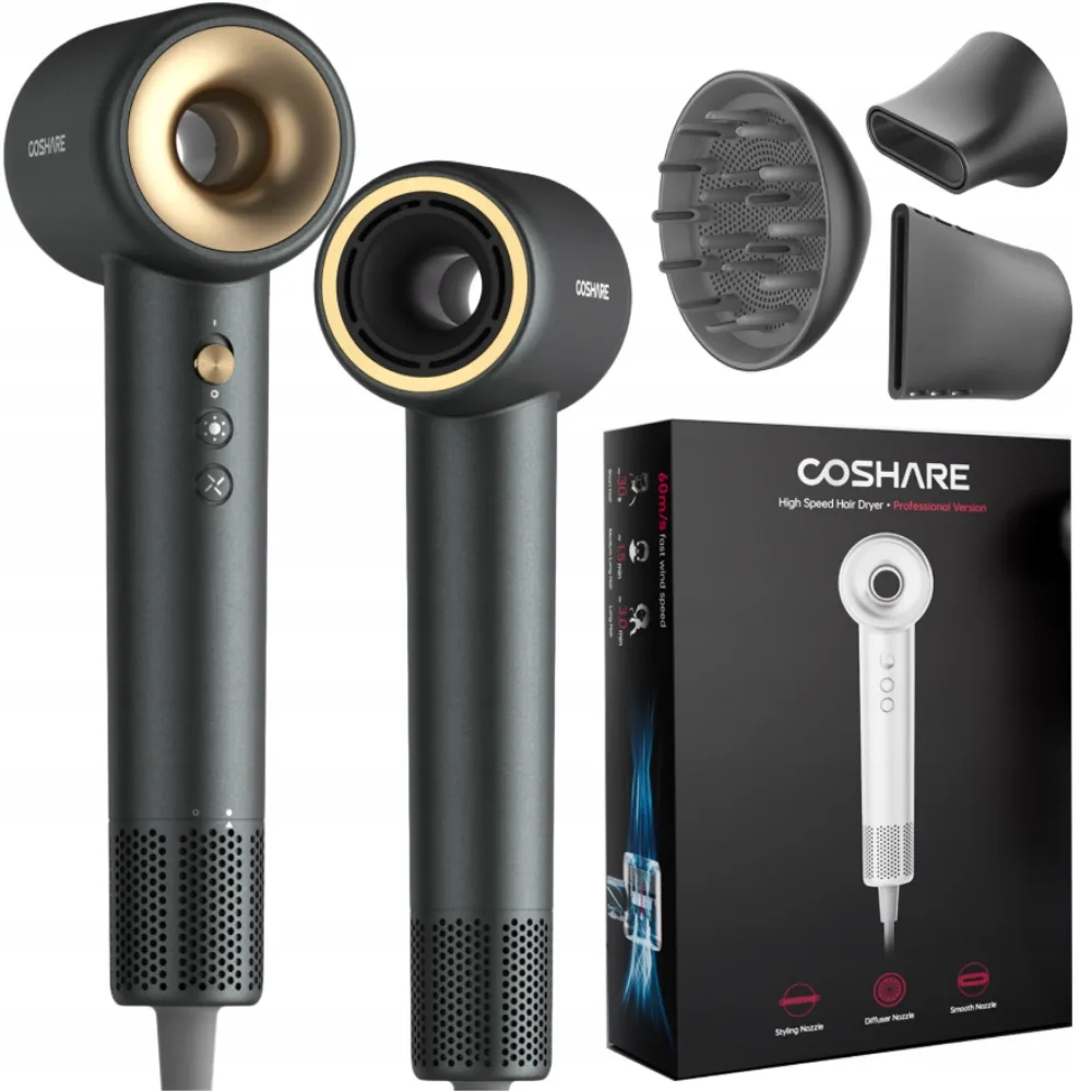 Czarna suszarka COSHARE SuperFlow1 Professional ze złotym pierścieniem, dyfuzorem, koncentratorem, końcówką stylizującą i pudełkiem