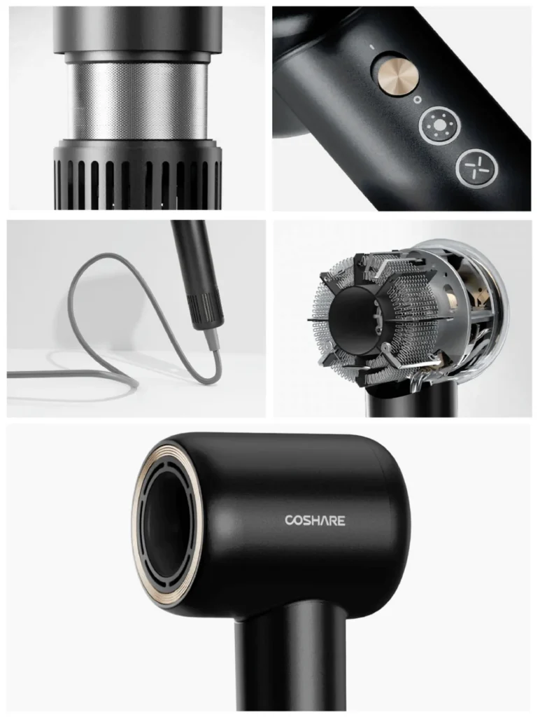 Szczegóły suszarki SuperFlow1 Professional: filtr, przyciski, przewód, silnik i dysza