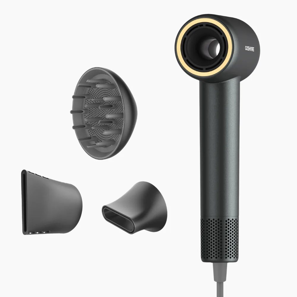 Czarna suszarka SuperFlow1 Professional z dyfuzorem, koncentratorem i końcówką stylizującą