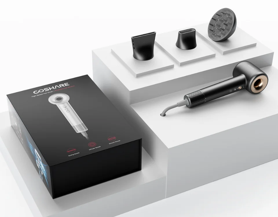 Zawartość zestawu SuperFlow1 Professional: suszarka, koncentrator, dyfuzor, końcówka stylizująca i pudełko