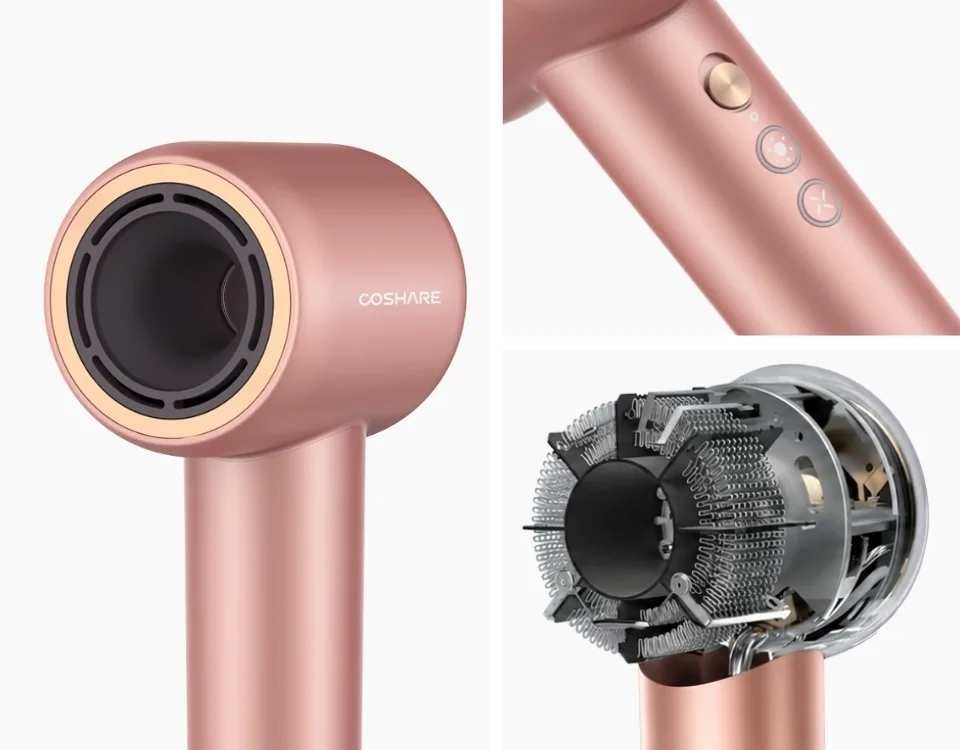 Suszarka do włosów COSHARE SuperFlow1 Standard Rose Gold – zbliżenia na dyszę, przyciski i wnętrze silnika