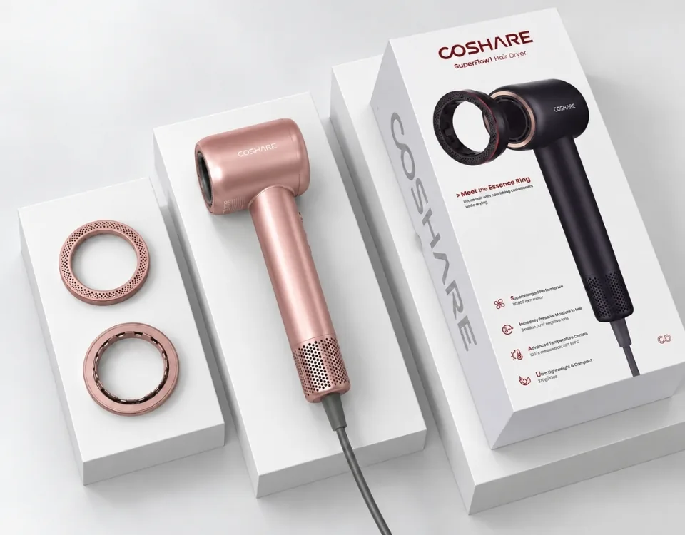 Zawartość zestawu Suszarka do włosów COSHARE SuperFlow1 Standard Rose Gold: pudełko, suszarka i pierścienie zapachowe EssenceRing